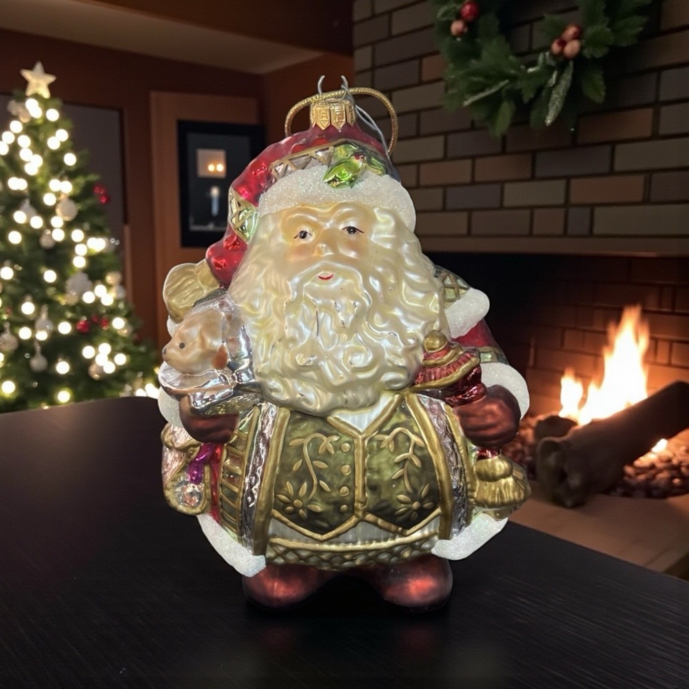 Fitz and Floyd Classics VTG 2004 XL 8"x6" Blown Glass Christmas Santa Ornament